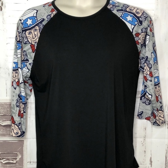 LuLaRoe Randy Black Uncle Sam 4 of July Raglan Baseball Tee Shirt Top XL X Large - Picture 1 of 8